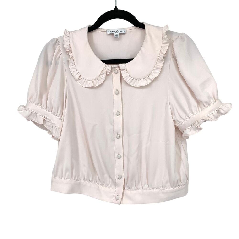 Maison d'Amélie Shirt Womens XS Pink Cropped Blouson Ruffled Collar Puff Sleeves
